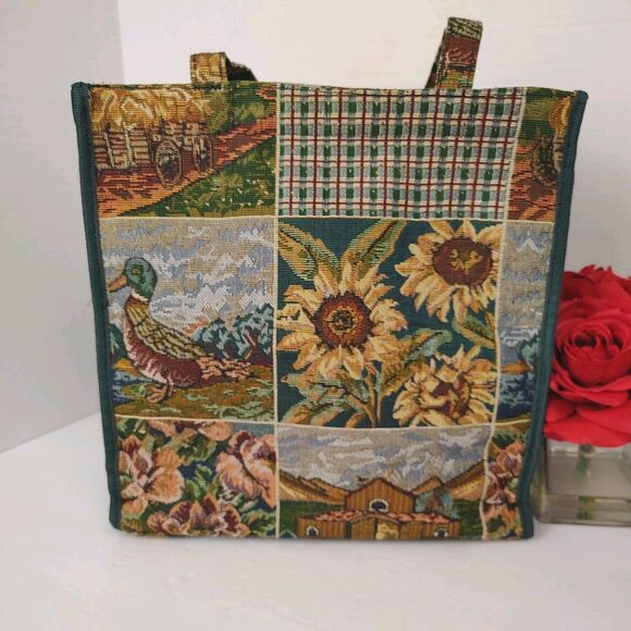 RARE 🔥 Pioneer Express Tapestry Tote Farm Flowers Cottage Country Ducks - Picture 4 of 14